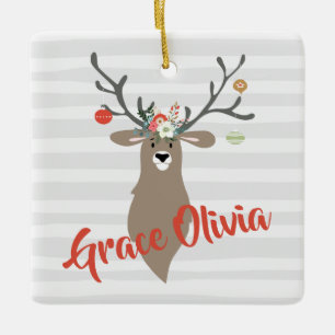 Personalized Christmas Whimsical Stag With Antlers Ceramic Ornament
