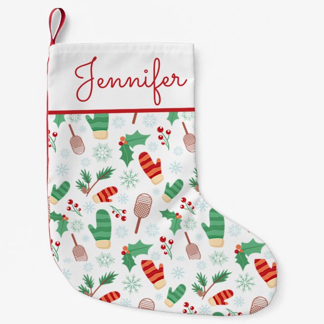 Personalized Christmas Winter Mittens & Holly Small Christmas Stocking (Front)