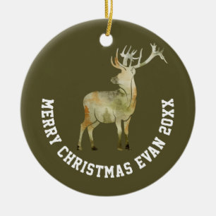 Personalized Christmas Winter Scene with Deer Art Ceramic Ornament