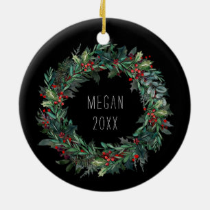 Personalized Christmas Winter Scene with Wolf Art Ceramic Ornament