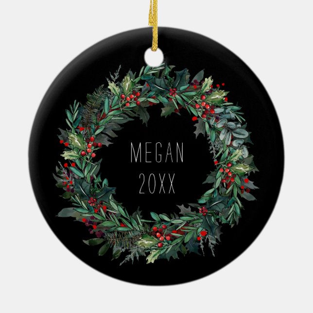 Personalized Christmas Winter Scene with Wolf Art Ceramic Ornament (Back)