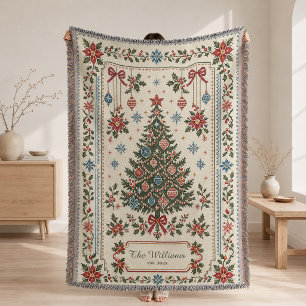 Personalized Christmas Woven Blanket, Needlepoint Throw Blanket