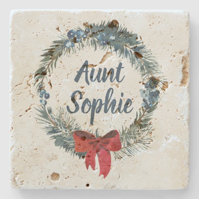 Personalized Christmas Wreath Blue Berries Stone Coaster (Front)