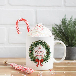 Personalized Christmas Wreath Family Name Holiday Coffee Mug