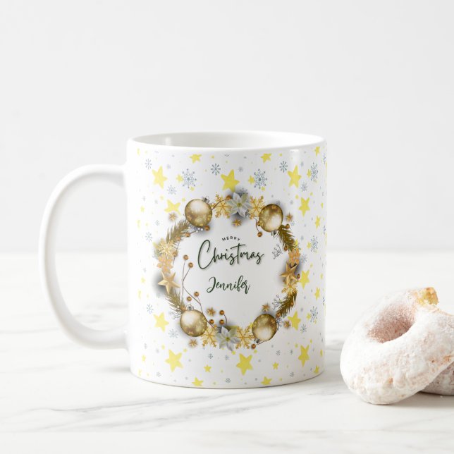 Personalized Christmas Wreath Gold  Coffee Mug (With Donut)