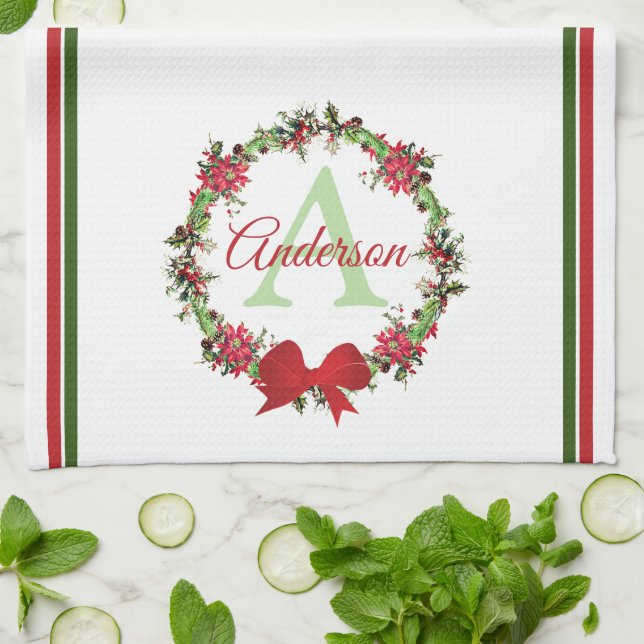Personalized Christmas wreath  Kitchen Towel (Folded)