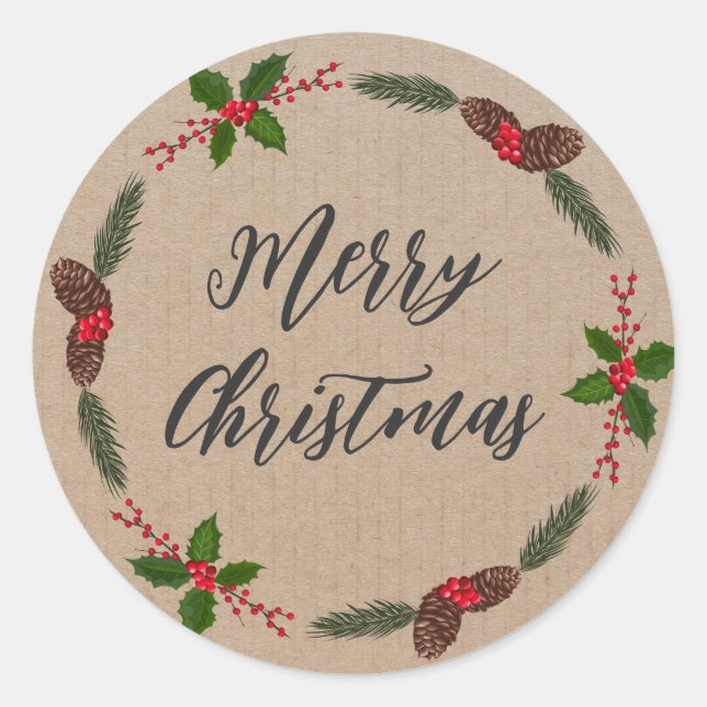 Personalized Christmas Wreath Merry Christmas  Cla Classic Round Sticker (Front)