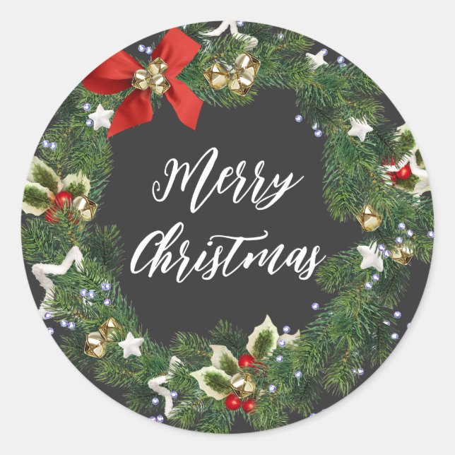 Personalized Christmas Wreath Merry Christmas Clas Classic Round Sticker (Front)
