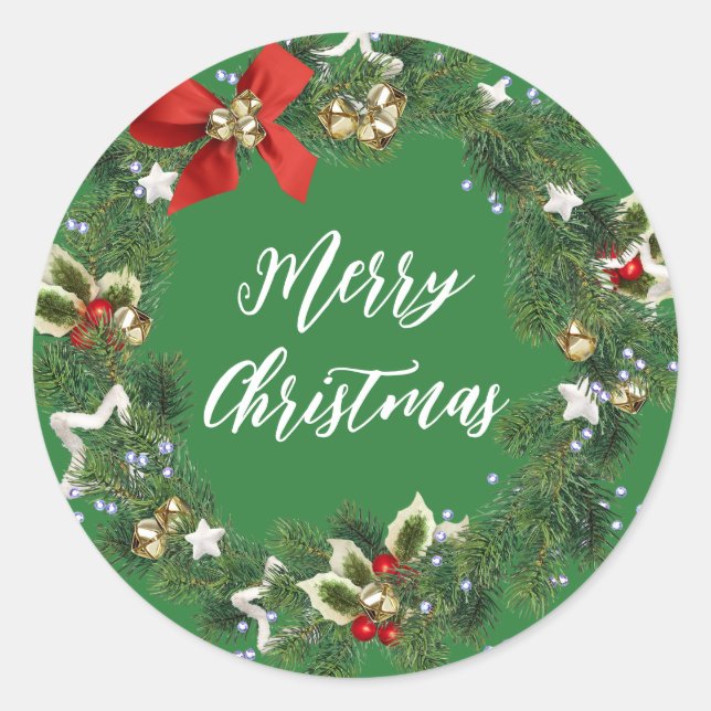 Personalized Christmas Wreath Merry Christmas Clas Classic Round Sticker (Front)