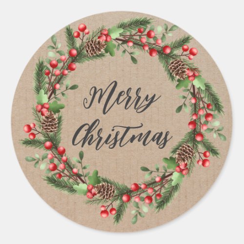 Personalized Christmas Wreath Merry Christmas Classic Round Sticker