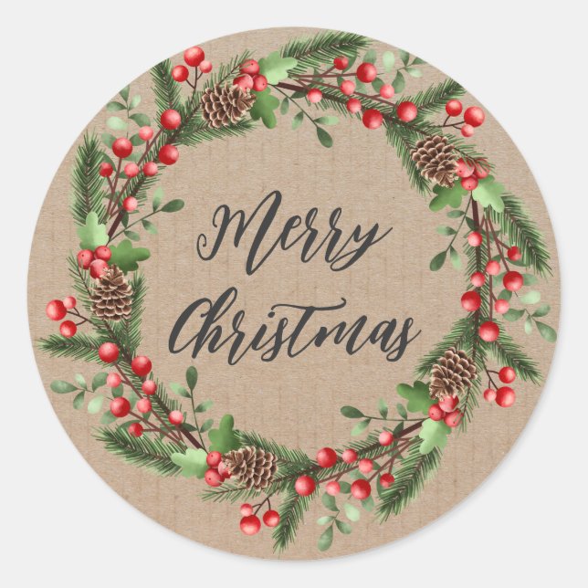 Personalized Christmas Wreath Merry Christmas Classic Round Sticker (Front)