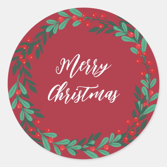 Personalized Christmas Wreath Merry Christmas Classic Round Sticker (Front)