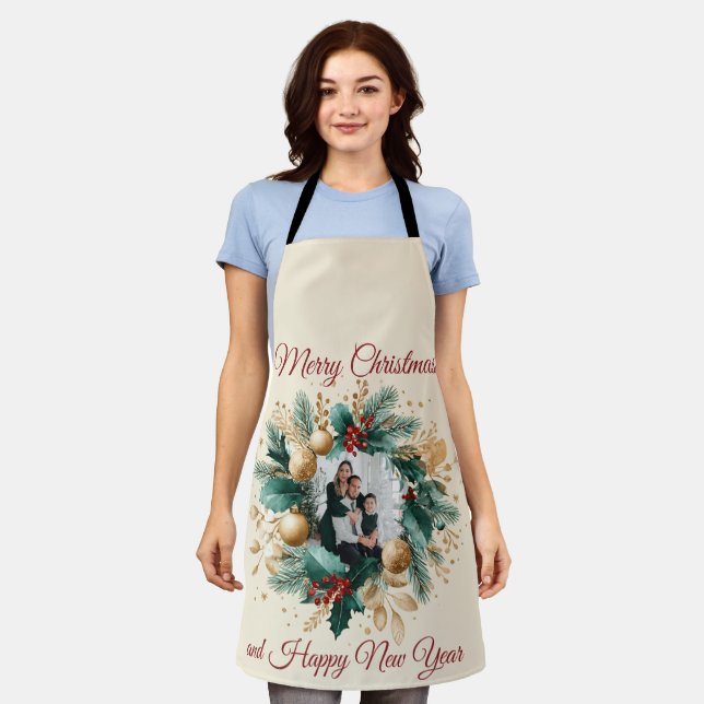 Personalized Christmas Wreath Photo Card Apron (Worn)