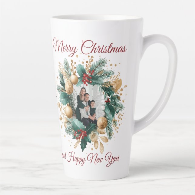 Personalized Christmas Wreath Photo Card Latte Mug (Right)