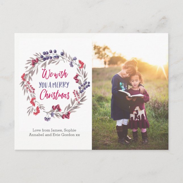 Personalized Christmas wreath photo card postcard (Front)