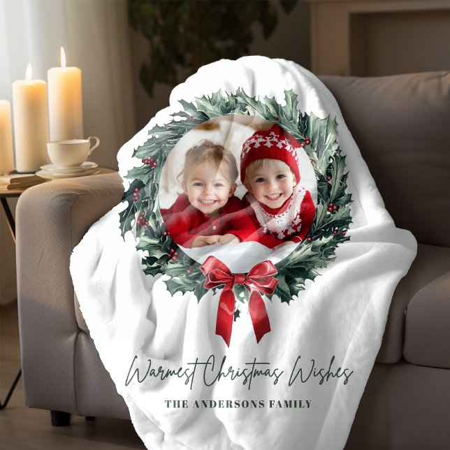 Personalized Christmas Wreath Photo & Name Holiday Sherpa Blanket (Creator Uploaded)