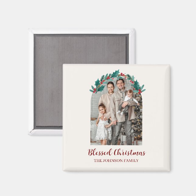 Personalized Christmas Wreath Photo & Name Magnet (Front/Back)