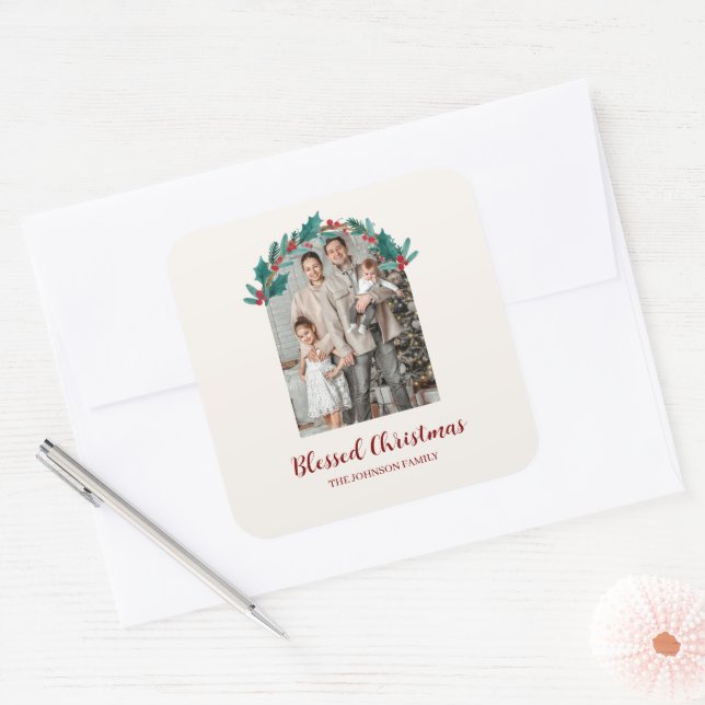 Personalized Christmas Wreath Photo & Name Sticker (Envelope)