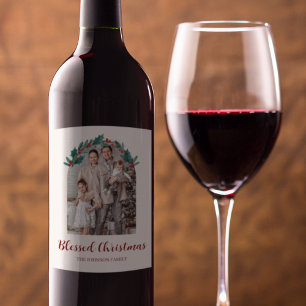Personalized Christmas Wreath Photo Wine Label
