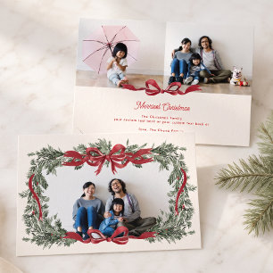 Personalized Christmas Wreath Red Bow 3 Photo Holiday Card