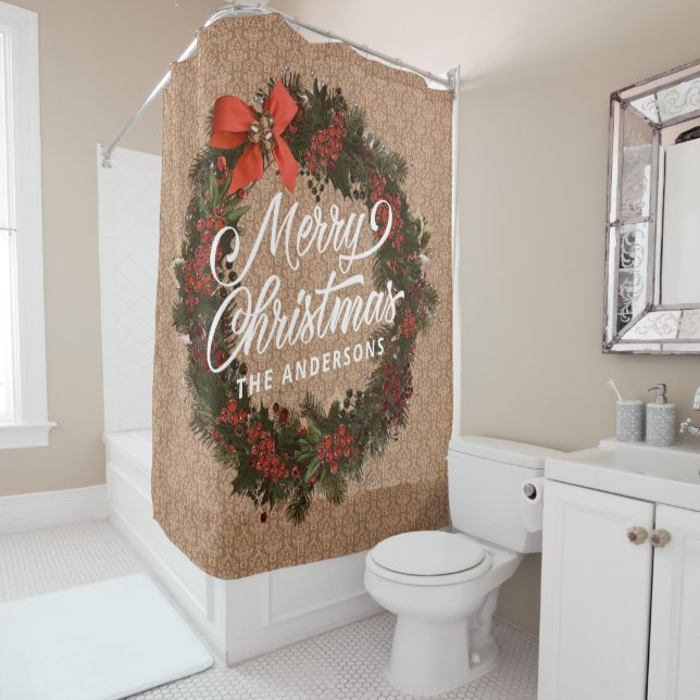 Personalized Christmas Wreath Shower Curtain (In Situ)