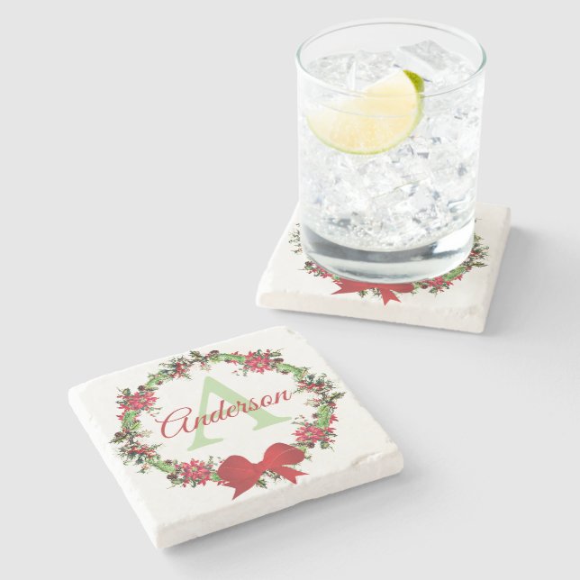 Personalized Christmas wreath  Stone Coaster (Side)
