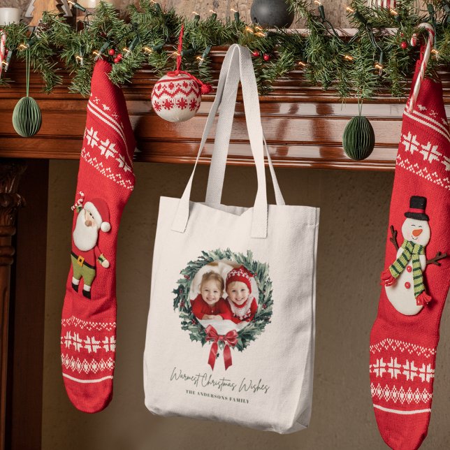Personalized Christmas Wreath Tote Bag with Photo  (Creator Uploaded)