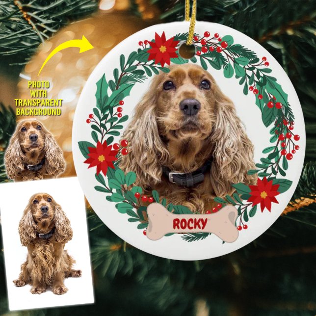 Personalized Christmas Wreath with Pet Photo  Ceramic Ornament (Creator Uploaded)