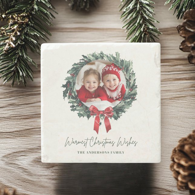 Personalized Christmas Wreath  with Photo and Name Stone Coaster (Creator Uploaded)