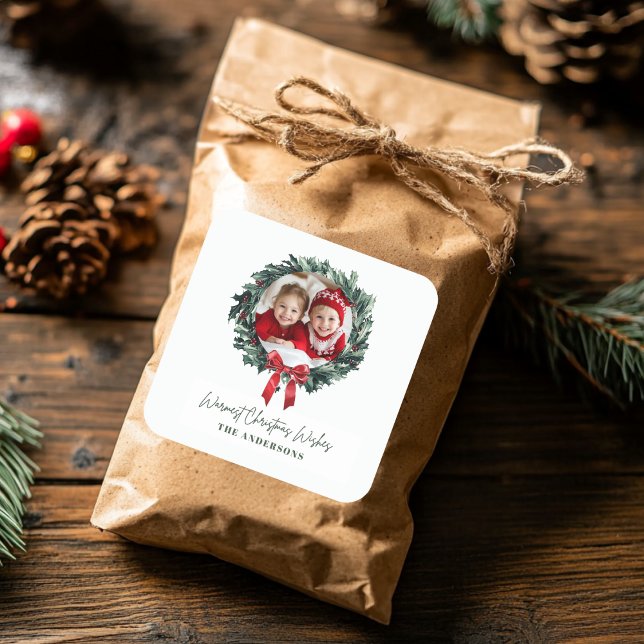 Personalized Christmas Wreath with Photo & Name Square Sticker (Creator Uploaded)