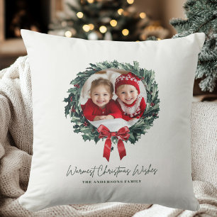 Personalized Christmas Wreath with Photo & Name  Throw Pillow
