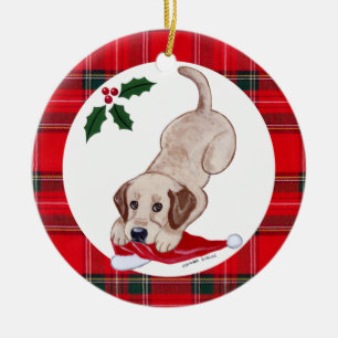 Personalized Christmas Yellow Lab Puppy Ceramic Ornament