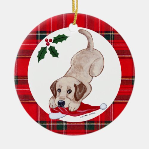 Personalized Christmas Yellow Lab Puppy Ceramic Ornament