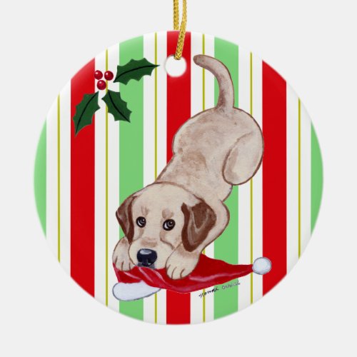 Personalized Christmas Yellowk Lab Puppy Ceramic Ornament