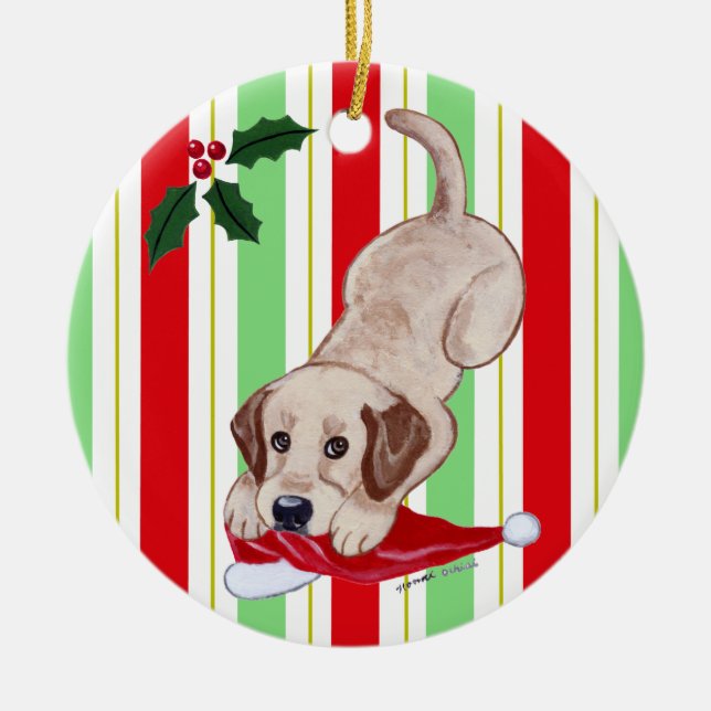 Personalized Christmas Yellowk Lab Puppy Ceramic Ornament (Front)