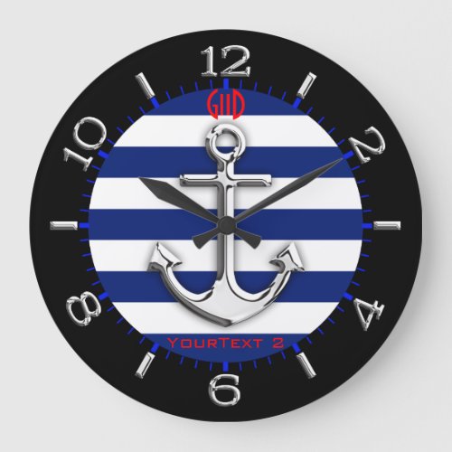 Personalized Chrome Anchor Navy Blue Stripes Dial Large Clock