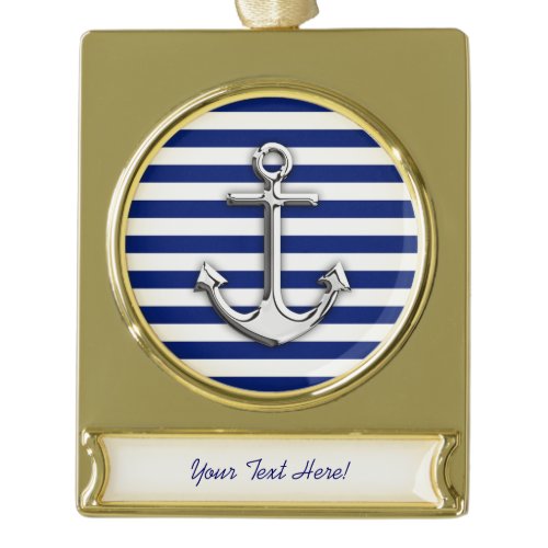Personalized Chrome Anchor on Navy Stripes Gold Plated Banner Ornament