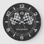 Personalized Chrome Racing Flags On Fine Checkers Large Clock at Zazzle