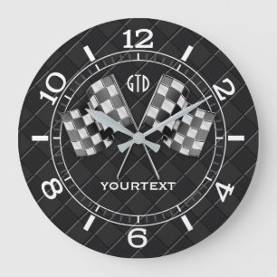 Personalized Chrome Racing Flags on Fine Checkers Large Clock
