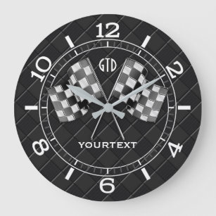 Personalized Chrome Racing Flags on Fine Checkers Large Clock