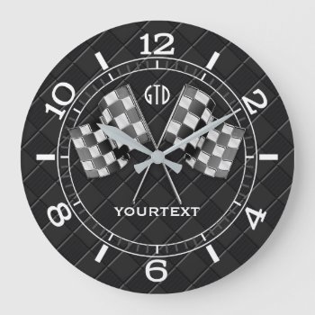 Personalized Chrome Racing Flags On Fine Checkers Large Clock by AmericanStyle at Zazzle