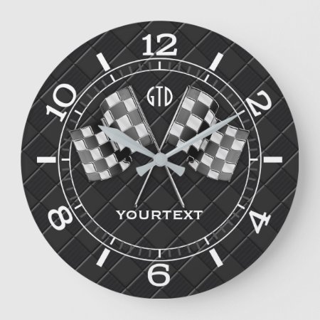 Personalized Chrome Racing Flags On Fine Checkers Large Clock