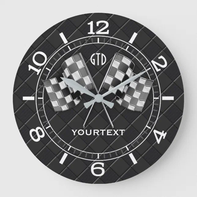 Personalized Chrome Racing Flags on Fine Checkers Large Clock | Zazzle