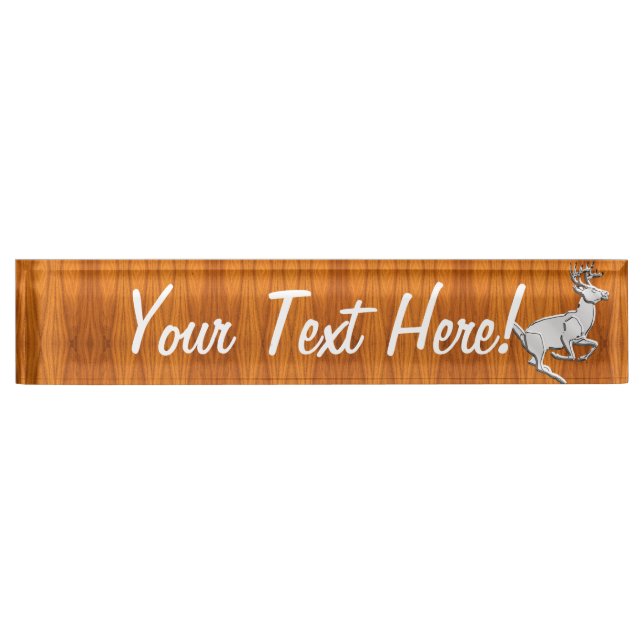 Personalized Chrome Running Deer Fine Teak Print Name Plate (Front)