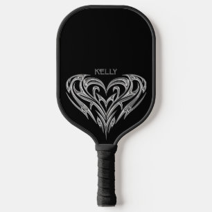 Personalized Chrome Tribal Heart on Black Pickleball Paddle
