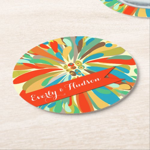 Personalized Chrysanthemum Bold Colorful Floral Round Paper Coaster