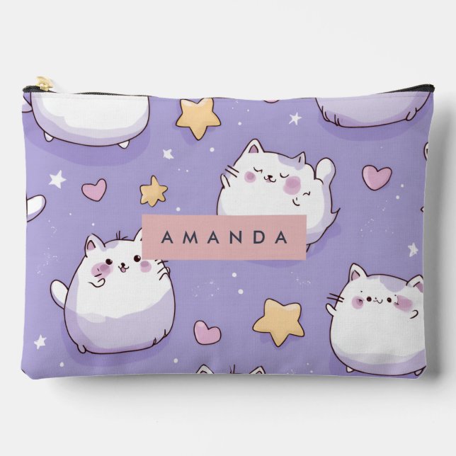 Personalized Chubby Cat & Pastel Star Pattern Accessory Pouch (Front)
