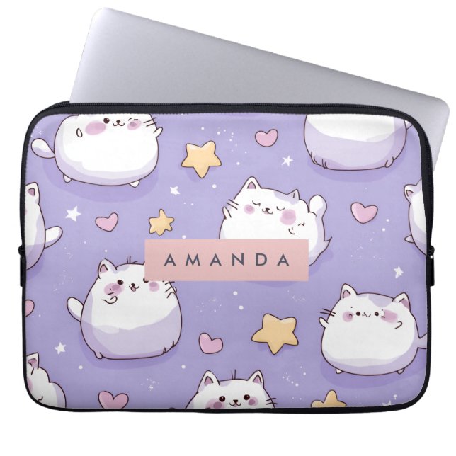 Personalized Chubby Cat & Pastel Star Pattern Laptop Sleeve (Front)