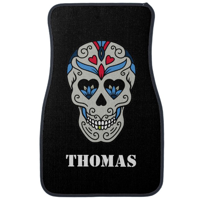 Personalized Cinco de Mayo Blue Flower Sugar Skull Car Mat (Front)