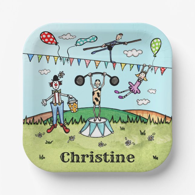 Personalized Circus Acrobat, Clown and Strongman Paper Plates (Front)